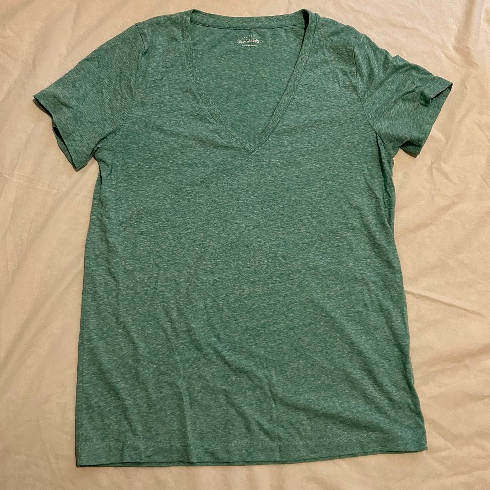 J. Crew Women's Speckled Cotton Heathered Teal V-Neck T-Shirt Size Large